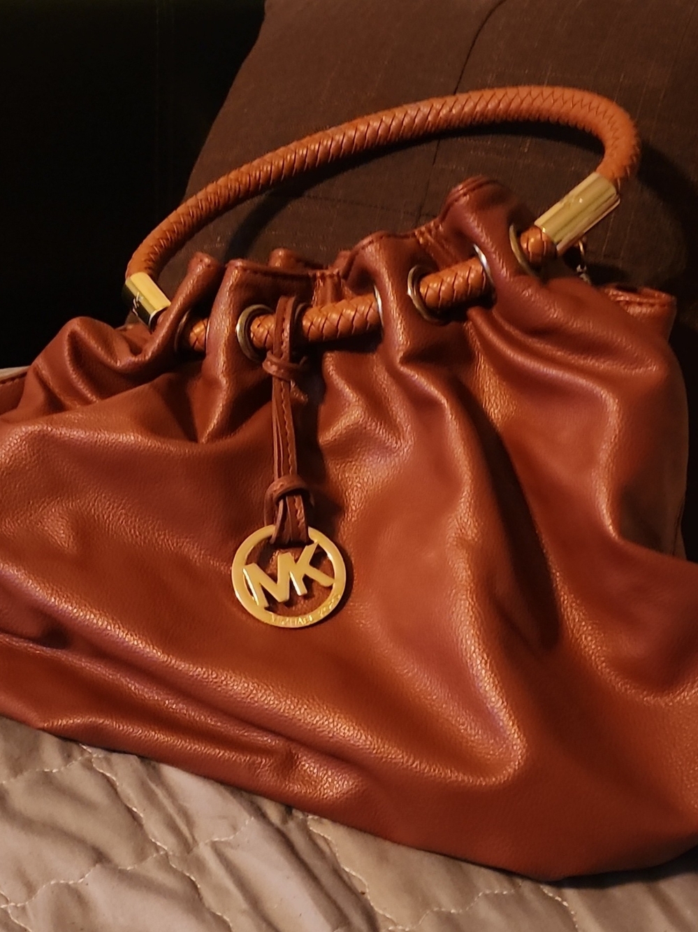 Michael Kors Cognac Leather Drawstring Tote with Braided Handle